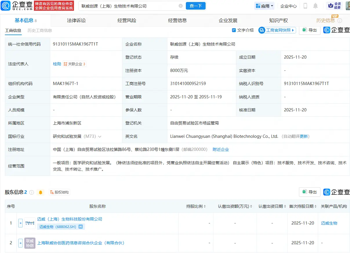 邁威生物等成立生物技術(shù)公司，注冊(cè)資本8000萬