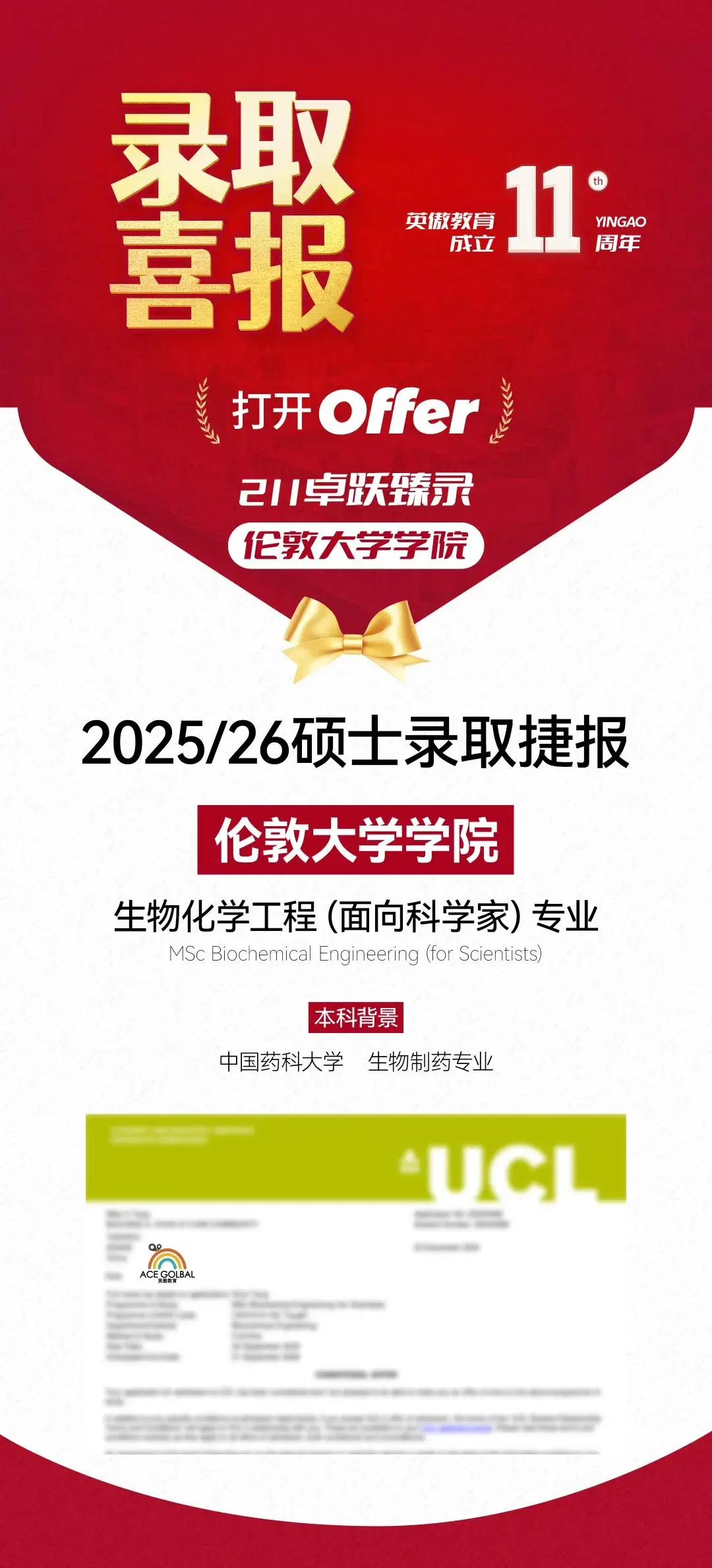 碩士OFFER喜報(bào) | 中國藥科大學(xué)喜提倫敦大學(xué)學(xué)院生物化學(xué)工程專業(yè)Offer！